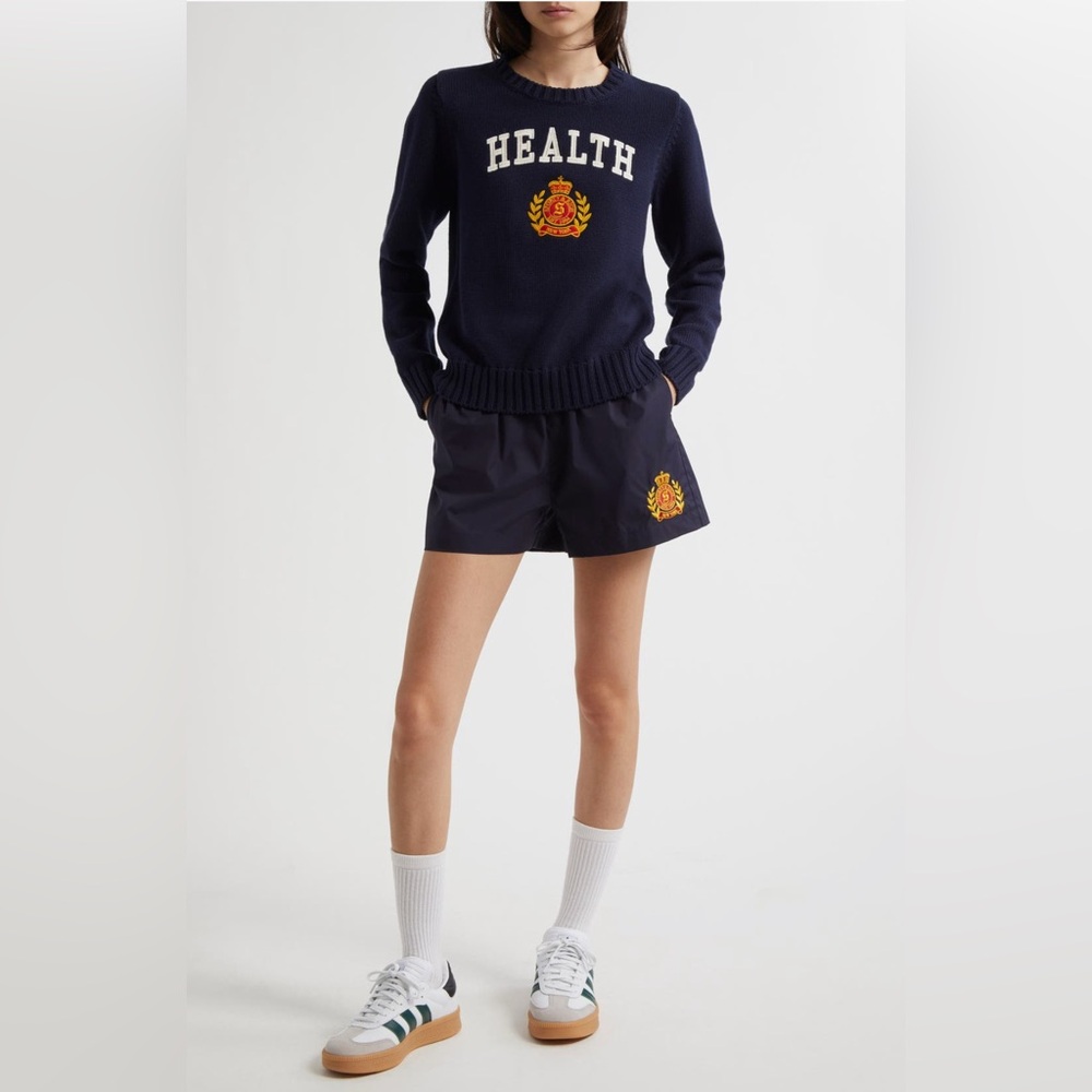 Sporty and Rich brand Medium NWT Navy Blue Cotton Crewneck Health Crest Sweater - Picture 3 of 16